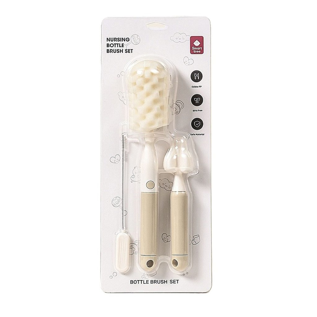 Set 3 Perii de Spalat Biberoane, Flippy, pentru Tetina, Biberon, Pai, Materiale Sigure, fara BPA, Curatare 360°, Bej
