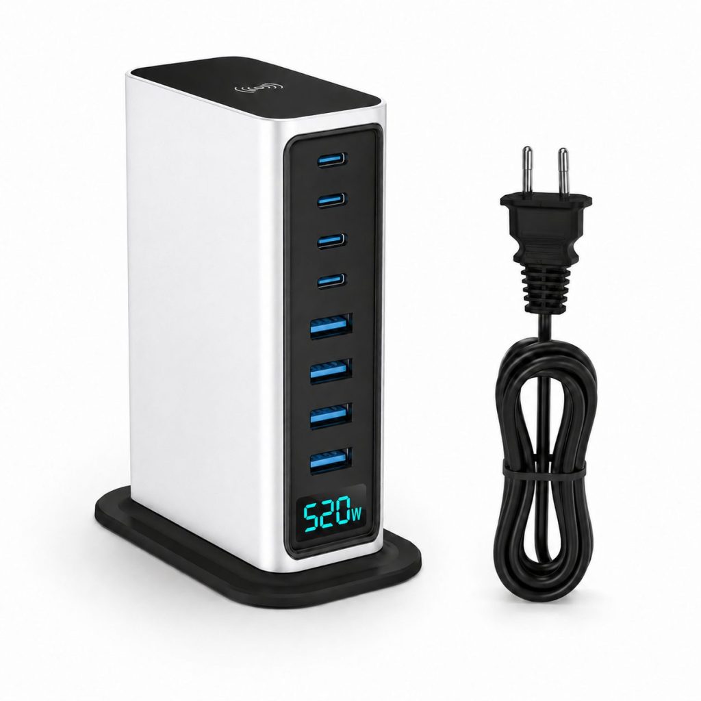 Statie de Incarcare 520W, Flippy, Multifunctionala, Fast Charge, 5 USB-C PD si 3 USB-A QC3.0, Tehnologie GaN, Compatibila Apple si Dispozitive USB, Alb