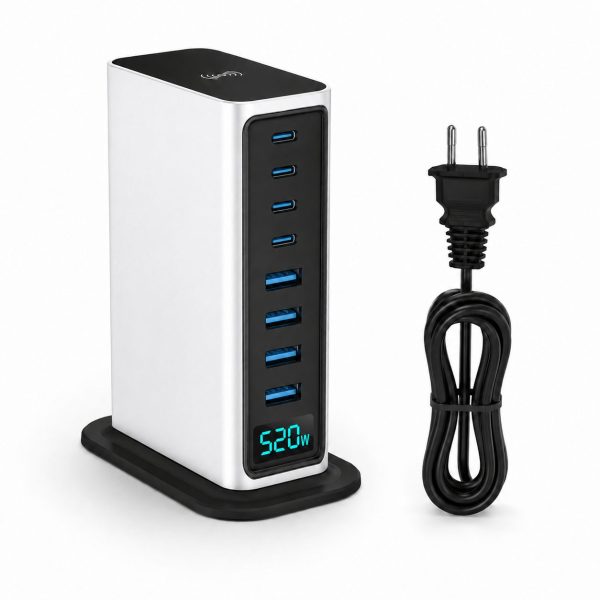 Statie de Incarcare 520W, Flippy, Multifunctionala, Fast Charge, 5 USB-C PD si 3 USB-A QC3.0, Tehnologie GaN, Compatibila Apple si Dispozitive USB, Alb