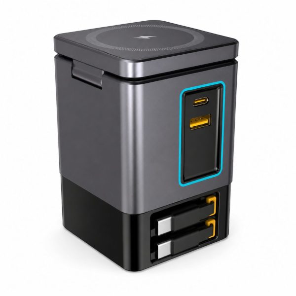 Statie de Incarcare Desktop, Flippy, 105W, GaN, Incarcare Wireless Magnetica, Cablu Retractabil USB-C si Lightning, 98x62 mm, Negru