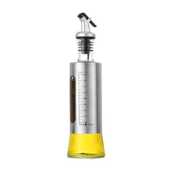 Sticla de ulei, Flippy, Sticla de Ulei din Otel Inoxidabil, Sticla pentru Lichide de Bucatarie, Sticla pentru Lichide de Gatit, 24.8 x 6.5 cm, volum 300 ml, Gri Transparent