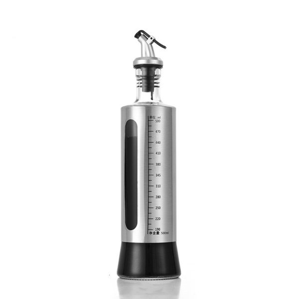 Sticla de ulei, Flippy, Sticla de Ulei din Otel Inoxidabil, Sticla pentru Lichide de Bucatarie, Sticla pentru Lichide de Gatit, 28.5 x 7.5 cm, volum 500 ml, Gri Transparent