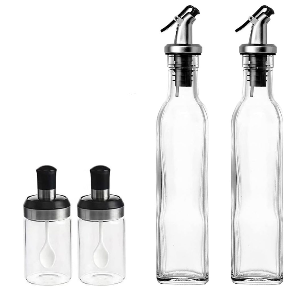 Sticle si Borcane de Ulei de Masline, Flippy, Dozator Set 4 Bucati, 2 Sticle cu Dispenser 500 ml/buc, 2 Borcane pentru Condimente cu Capac si Lingura 120ml/buc, Transparent
