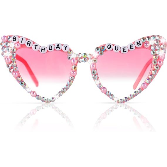Ochelari Decorativi, Flippy, Model Birthday Queen, cu Diamante, pentru Aniversari, din PC, 15.3 x 5.7 x 14.5 cm, Roz