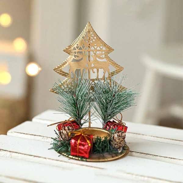 Suport Decorativ pentru Lumanare de Craciun, Flippy, Ornament pentru Lumanare pe Masa, Model Brad cu Reni si Crengute de Brad, din Art Metal, fara Lumanare 13 x 8.3 cm, Auriu