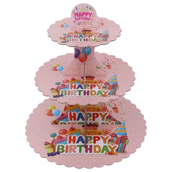 Etajera pentru Prajituri, Flippy, din Carton, 3 Nivele, 16/22/29 cm Diametru, Inaltime 38 cm, Tema Happy Birthday, Roz