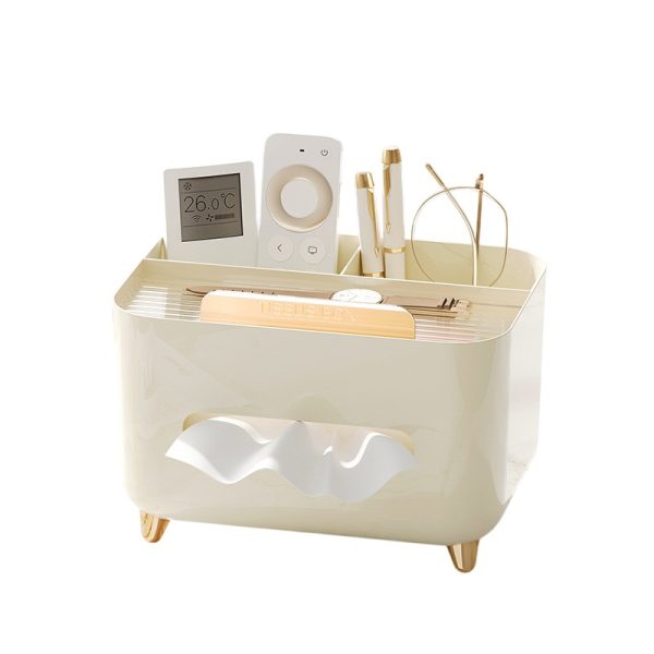 Suport pentru Servetele, Flippy, Cutie Multifunctionala, Design Minimalist, ABS, cu Suport pentru Obiectele Personale, pentru Birou, 21x15x13 cm, Crem