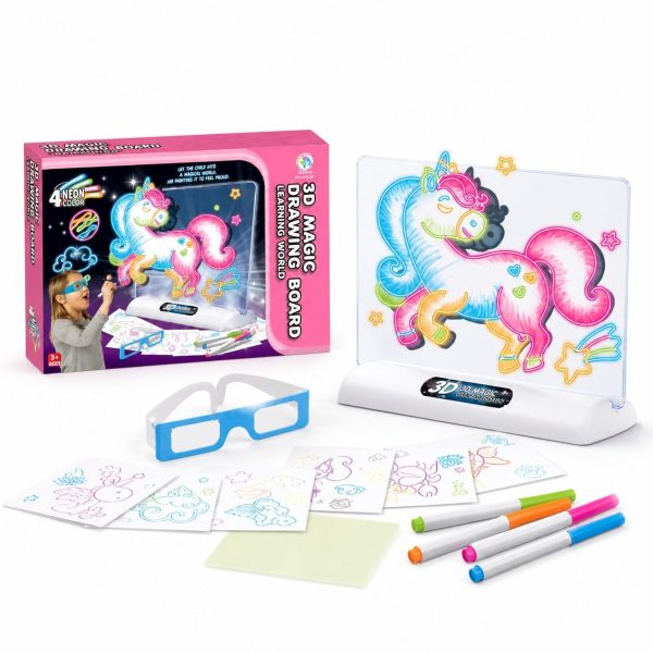 Tabla De Desen Cu Lumini 3D Unicorn Pentru Copii, Set Creativ Cu Ochelari Si Sabloane Pentru Desen Luminos, Jucarie Interactiva Cu Efect Neon Pentru Dezvoltare Creativitate Si Imaginatie Copii 3+ Ani, Roz