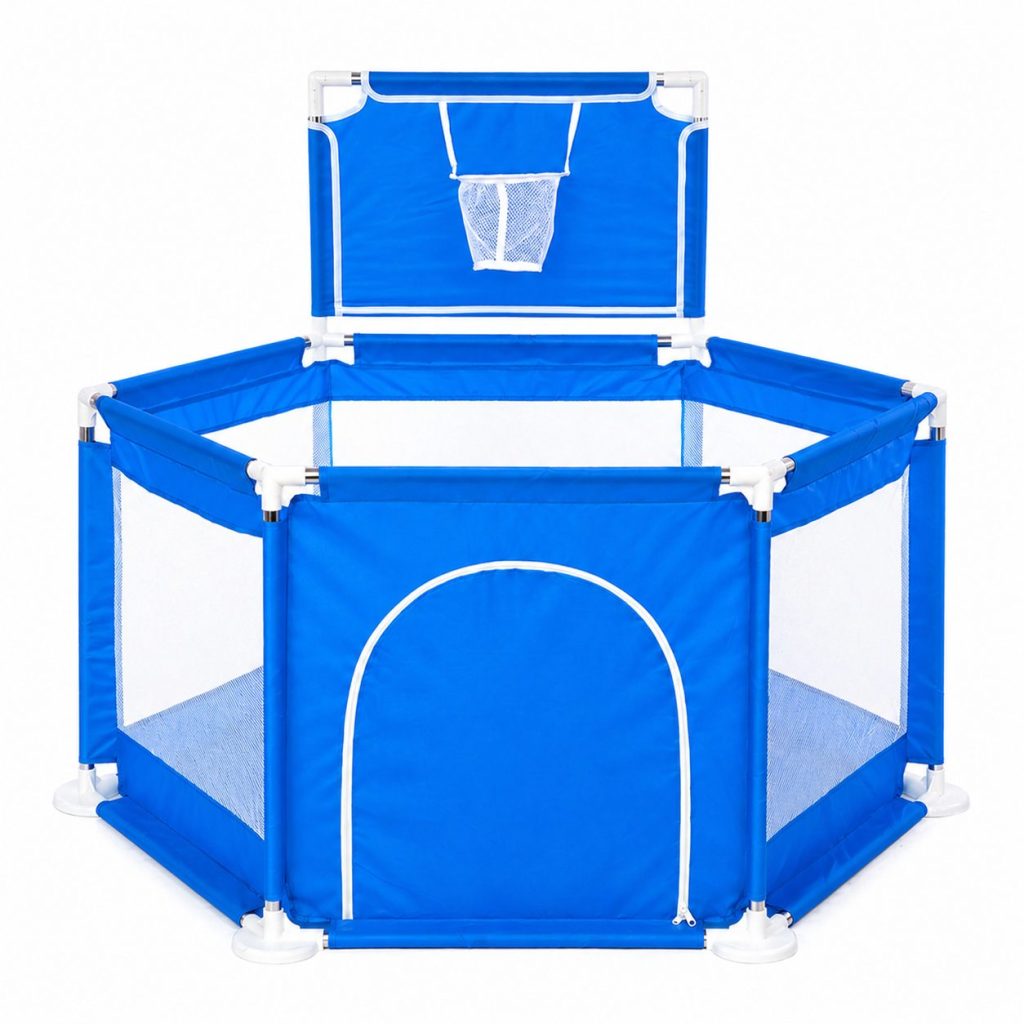 Tarc de Joaca pentru Copii cu Cos de Baschet, Flippy, Usa cu Fermoar, Plasa Laterala, Structura Stabila, Dimensiune 130x115x65 cm, Albastru
