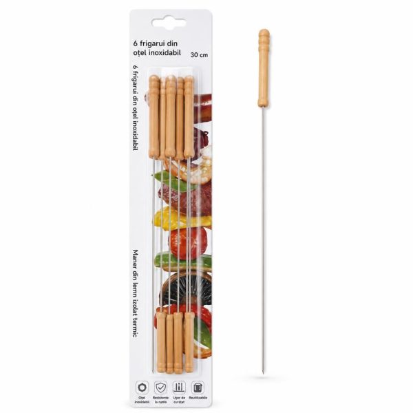 Set 6 Tepuse pentru Frigarui, Flippy, Rotunde, cu Maner din Lemn, din Metal, pentru Gratar si BBQ, 30 cm, Argintiu