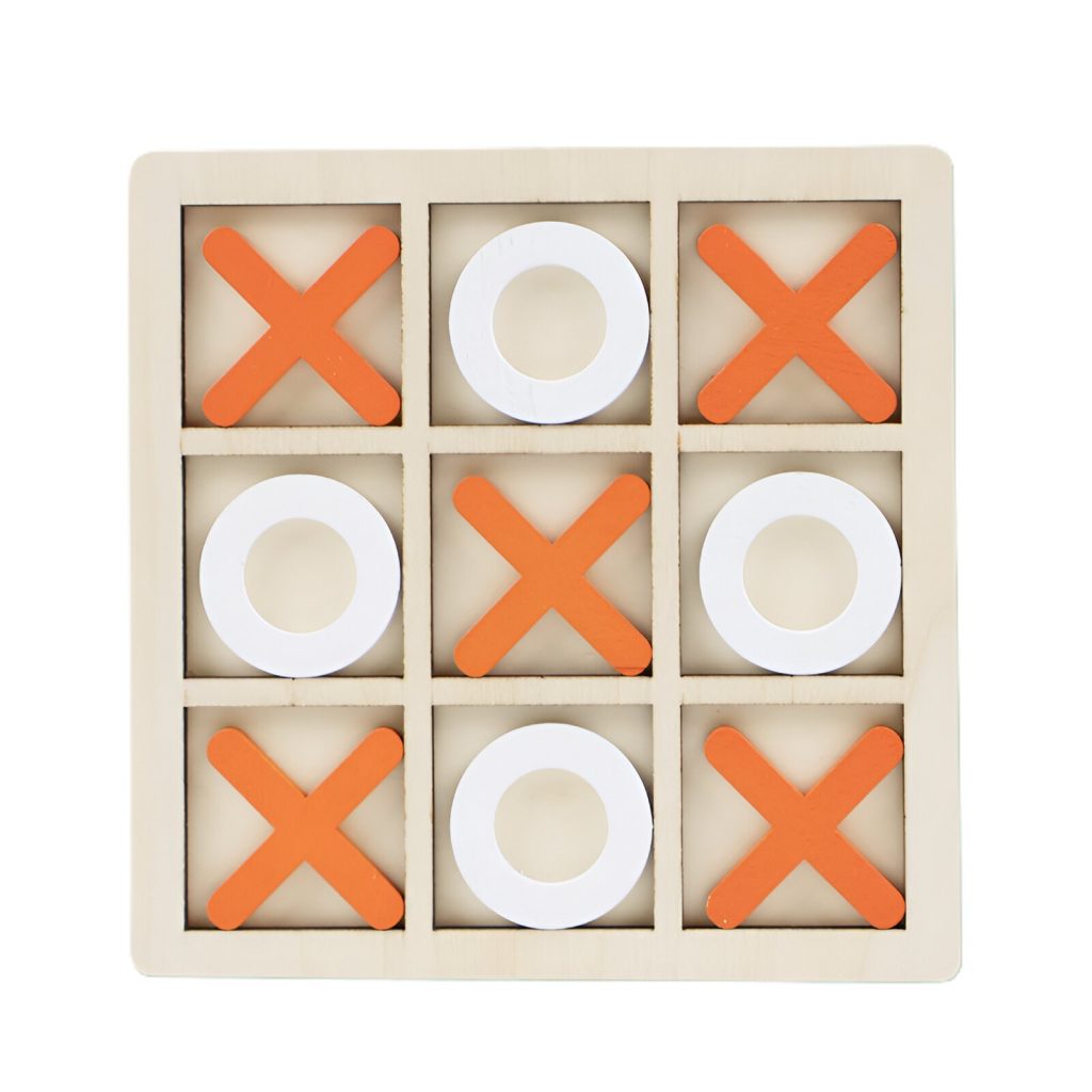 Jucarie Montessori Tic Tac Toe, Flippy, Educativa, Interactiva, din lemn, X si O, 9 Piese, 14.3x14.3 cm, Portocaliu Alb