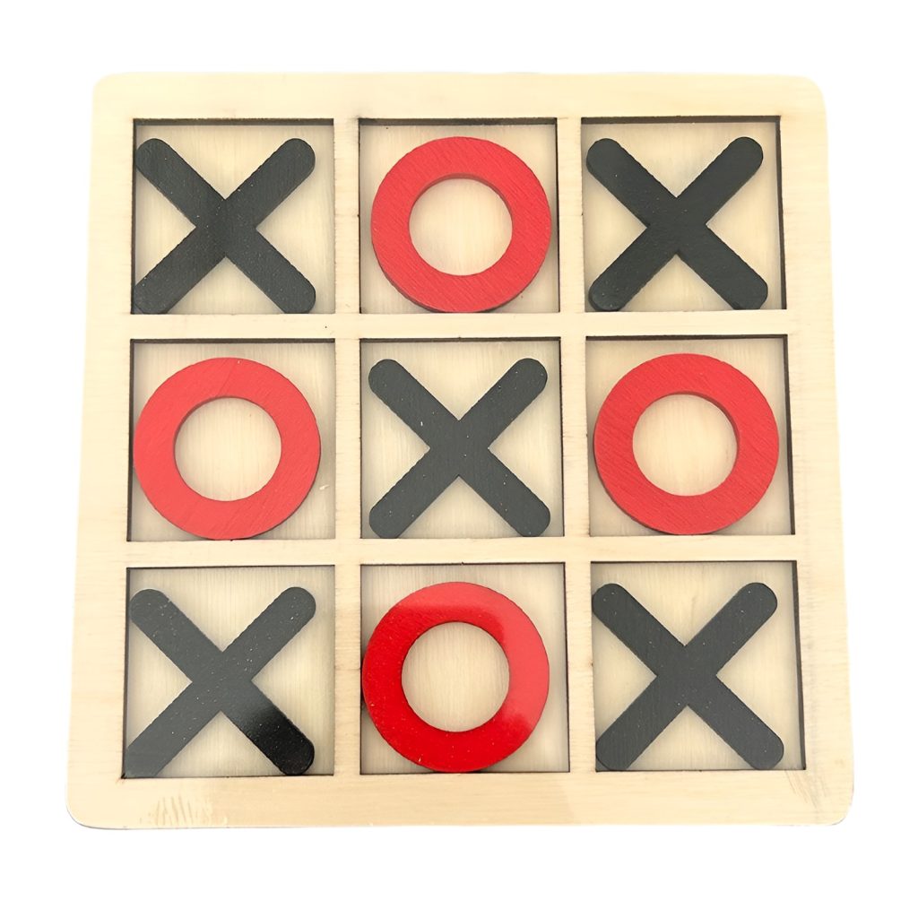 Jucarie Montessori Tic Tac Toe, Flippy, Educativa, Interactiva, din lemn, X si O, 9 Piese, 14.3x14.3 cm, Negru Rosu