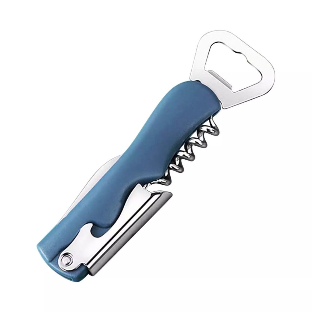 Tirbuson de Sticle 4 in 1, Flippy, Desfacator de Sticle Multifunctional, din Inox cu Maner Anti Alunecare, 13.5 x 4 cm Albastru