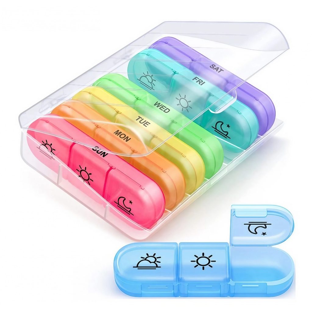 Cutie Depozitare Medicamente, Flippy, 7 Zile, 21 Compartimente, Cutie Suport, Recipiente Detasabile, Portabila, Multicolor, Cutie Transparenta, 15.6x12 cm