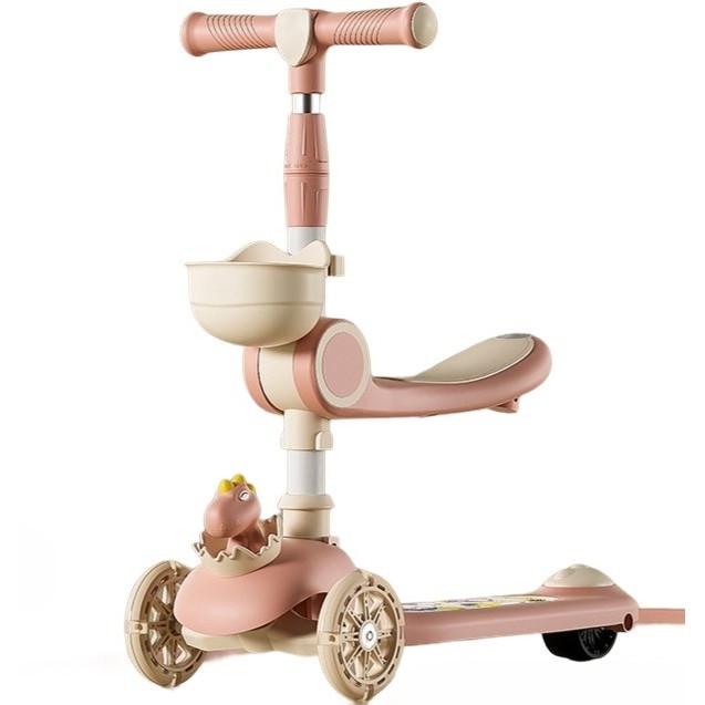 Trotineta Multifunctionala 2 in 1, Flippy, pentru Copii, 1-7 Ani, cu Lumini, Reglabil 360, Pliere Usoara, Reglarea Inaltimii, Model Dinozaur, Alb/Roz