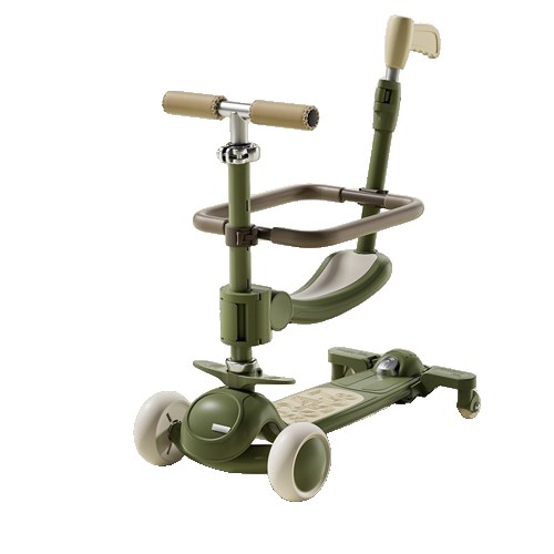 Trotineta Tip Carucior pentru Copii 7in1, Flippy, Pliabila, Ghidon Reglabil, Parti Detasabile, Lumini LED, Suport pentru picioare, Verde