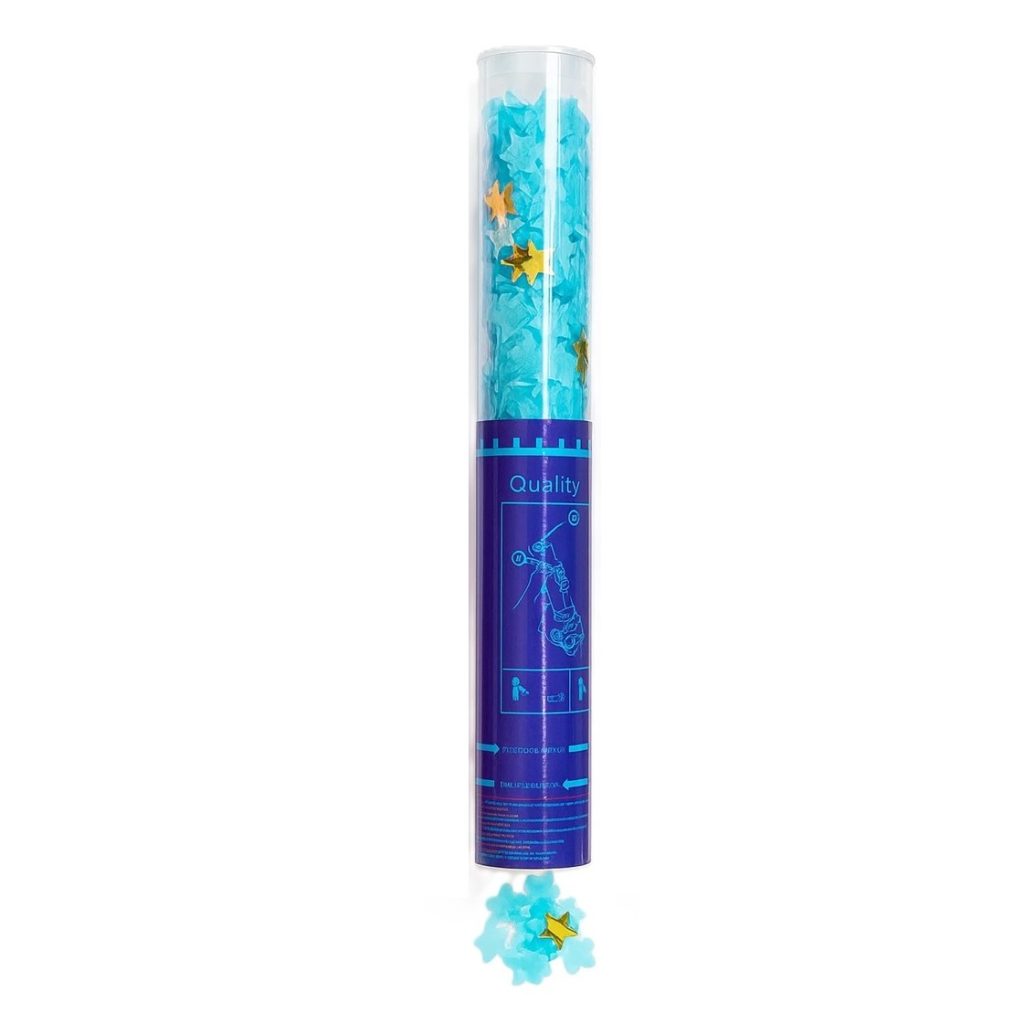 Tun de Confetti, Flippy, 40 cm, Model Stelute din Folie si Hartie, Ambalaj PET, Albastru