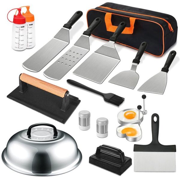 Ustensile pentru Gratar, Flippy, Set din 17 Ustensile pentru Gratar cu Preparare de tip Plita, Ustensile din Otel Inoxidabil cu Manere din Plastic PP, cu Geanta, Negru