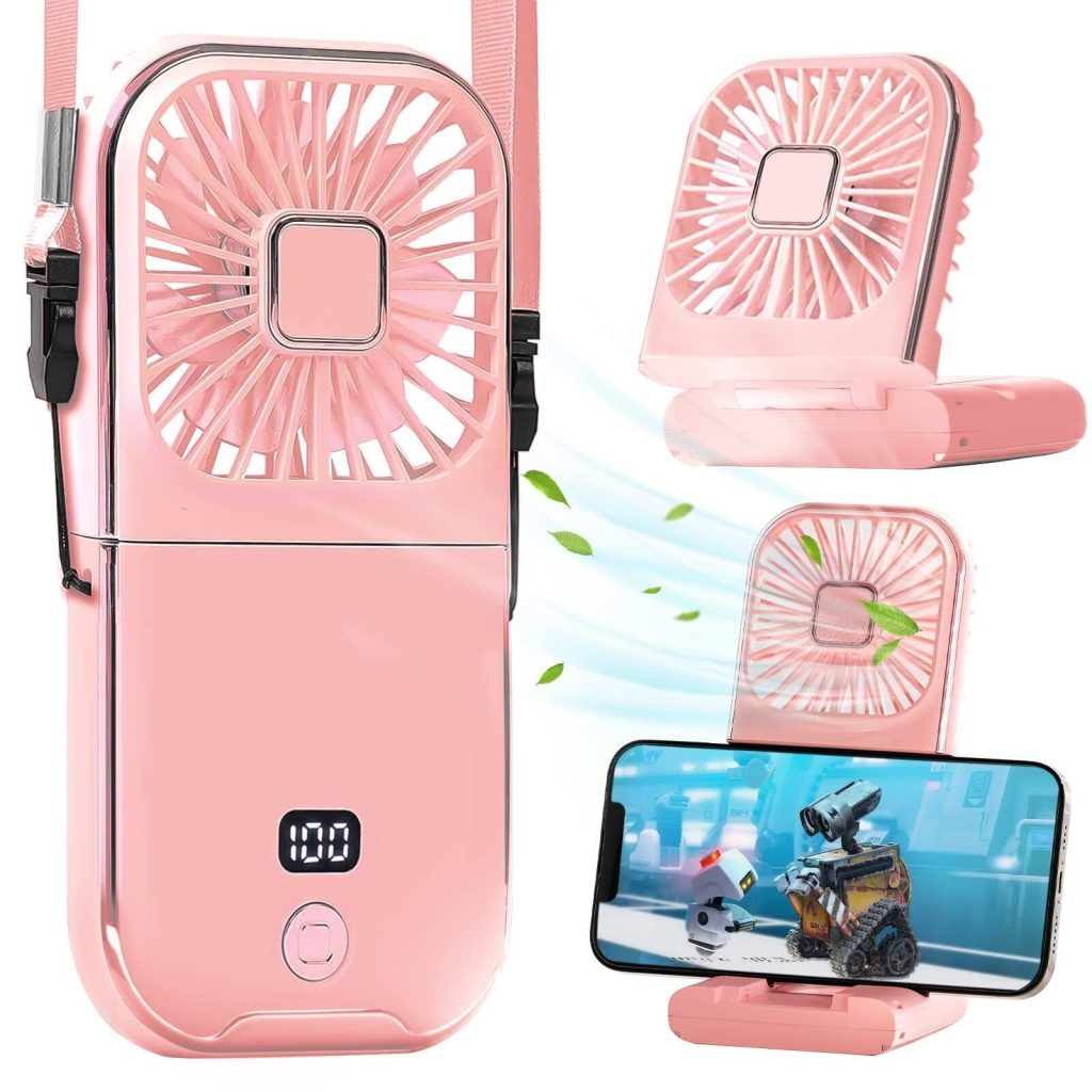 Ventilator Portabil Flippy, 3 in 1, de Mana, de Gat, de Birou, 16.7 x 8 x 1.9 cm, 3 Trepte de Viteza, Incarcare USB, Pliabil, Afisaj Digital, Suport Telefon, Roz