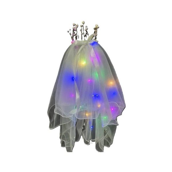 Voal Luminos cu Coronita, Flippy, Lumina Multicolora, pentru Serbari Copii, Petrecerea Burlacitelor, Marime universala, Lumina LED, Alb