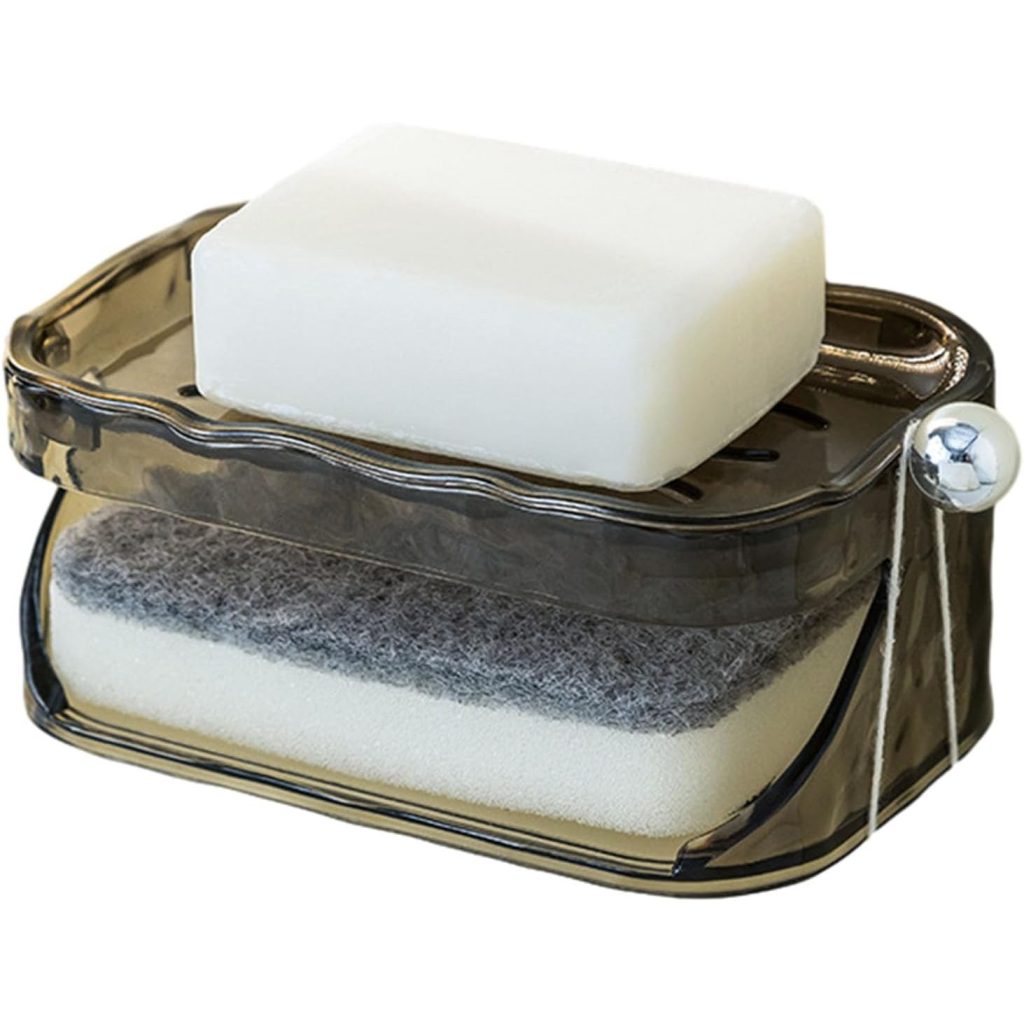 Savoniera Dubla Flippy EasyDry, 2 Straturi, cu Suport pentru Burete, Montare Fara Gaurire, 13.5 x 8.5 x 6 cm, Gri