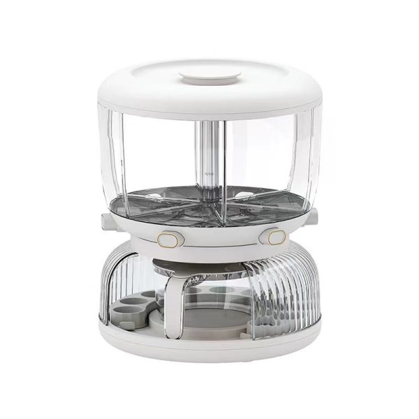 Dozator etajat de cereale Flippy, rotativ 360, 6 compartimente, capacitate 10L, cofrag special pentru oua, vas pentru scurgerea cerealelor, 35x27.5 cm, alb