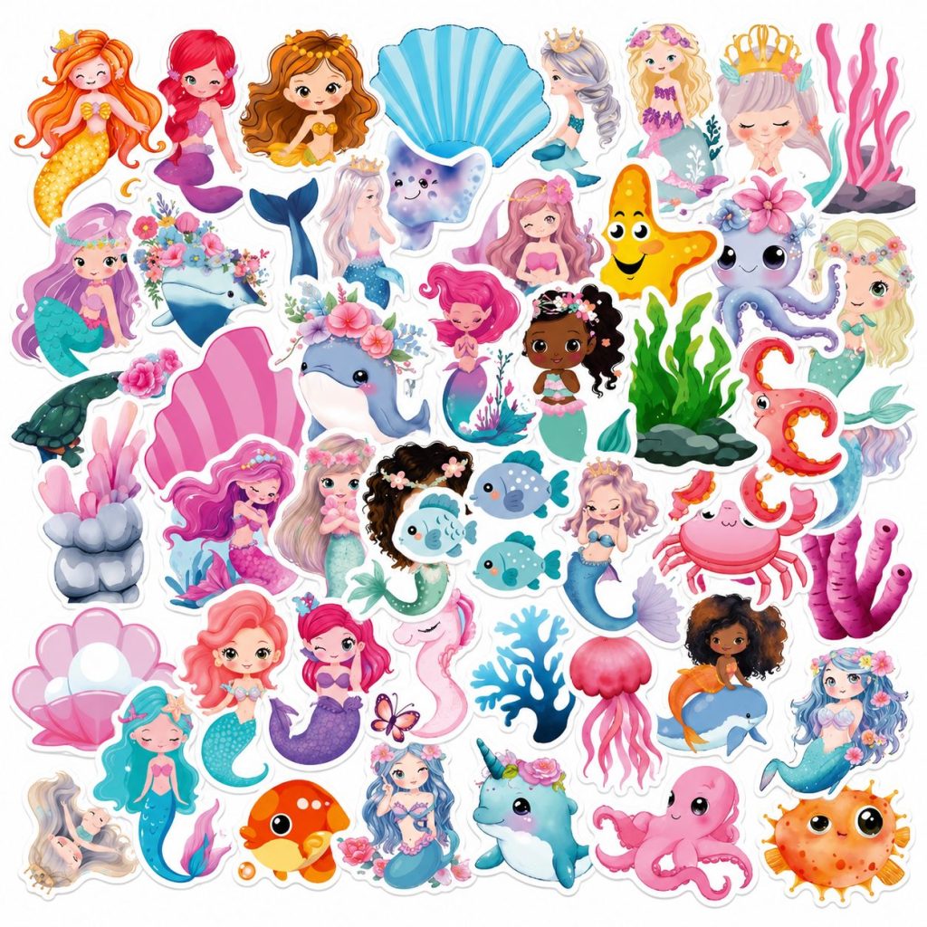Set 50 Stickere Impermeabile, Flippy, Model Sirena, Design Cartoon, Autocolante Decorative, Aproximativ 4.6 x 4.7 cm, Multicolor