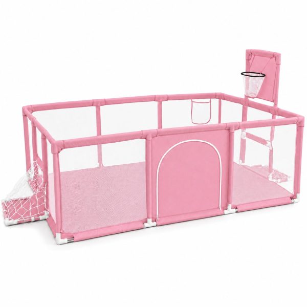 Tarc de Joaca pentru Copii DNT-109, Flippy, Model Spatiu Fotbal si Basketball, 230 x 122 x 65 cm, Margini Acoperite Structura de Protectie pentru Interior, ABS si Poliester rezistent, Roz