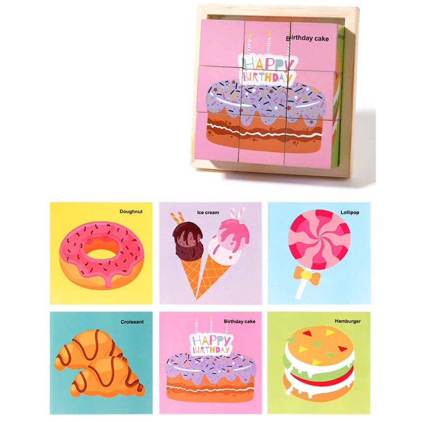 Puzzle din Lemn, Flippy, 9 Cuburi, 6 Fete, 4-6 Ani, 11 x 11 x 3.2 cm, Model Dulciuri, Multicolor