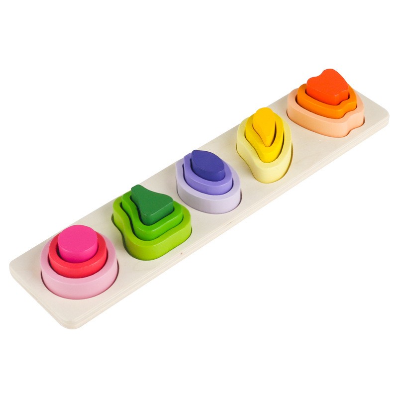 Jucarie Montessori din Lemn, Flippy, Tip Puzzle, cu 5 Forme Asimetrice, 15 Piese, Model Fructe, Educativa, Interactiva, Creativa, Materiale Non Toxice, +2 Ani, 29x6.5 cm, Multicolor