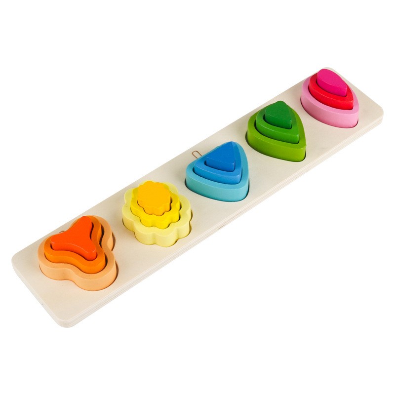 Jucarie Montessori din Lemn, Flippy, Tip Puzzle, cu 5 Forme Asimetrice, 15 Piese, Educativa, Interactiva, Creativa, Model Copaci, Materiale Non Toxice, +2 Ani, 29x6.5 cm, Multicolor
